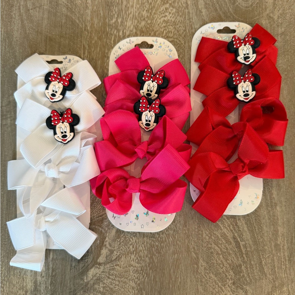 Bow Bundle (12) Minnie Mouse Bow Hair Clips Trio - White, Hot Pink, Red